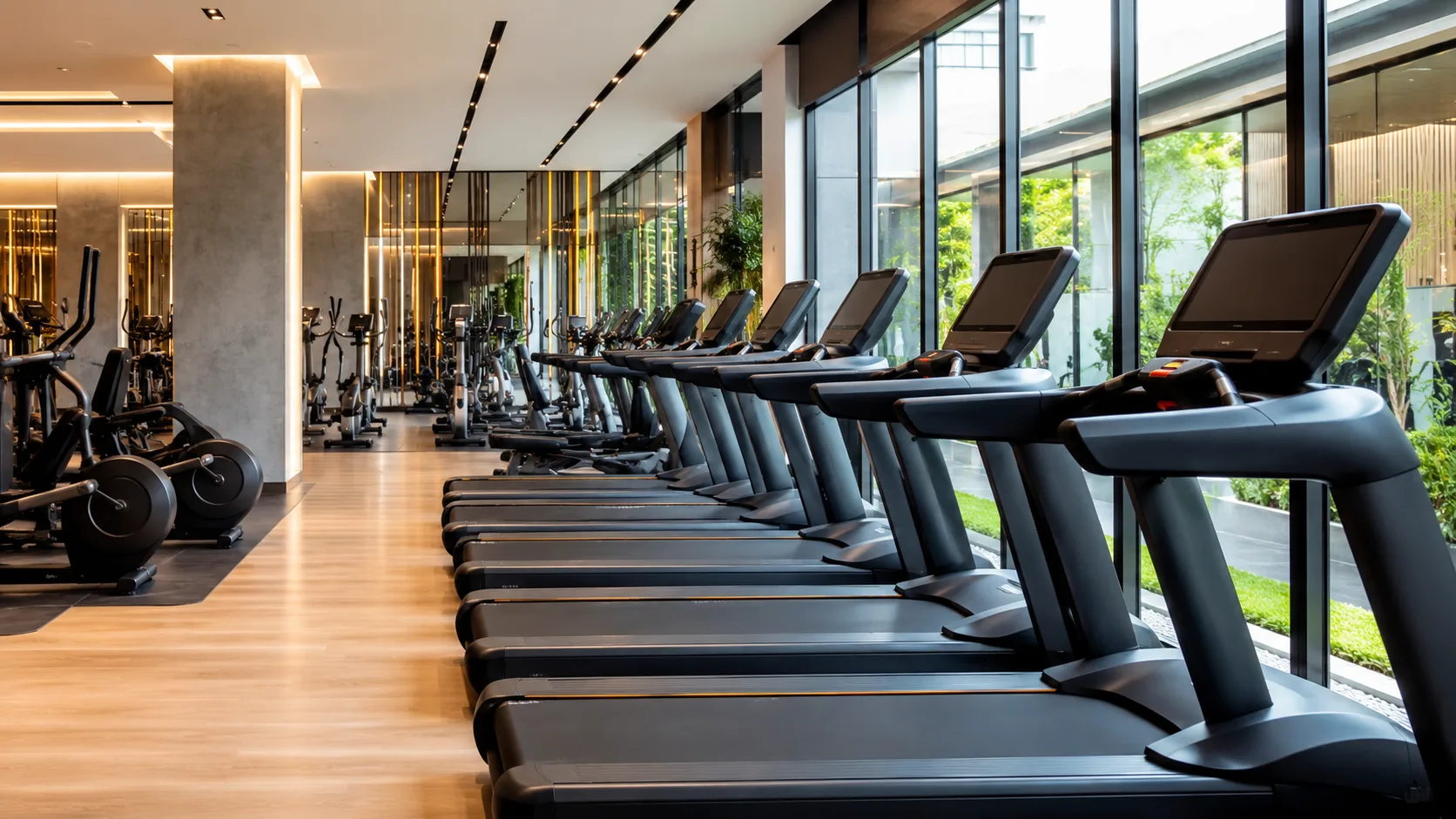 Modern gym cardio area with treadmills representing gym and fitness centre cleaning
