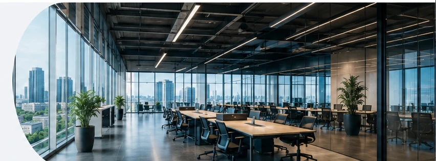 Modern professionally cleaned commercial office with workstations and glass walls